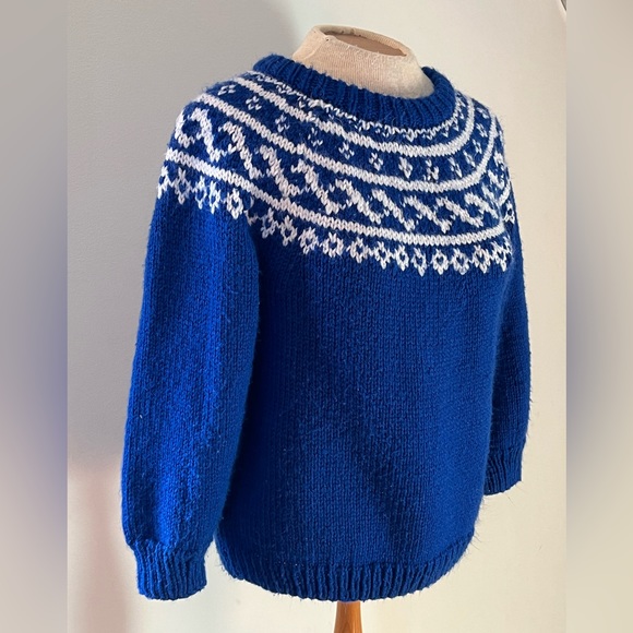 Hand Knit Blue and White Winter Sweater - Picture 1 of 10